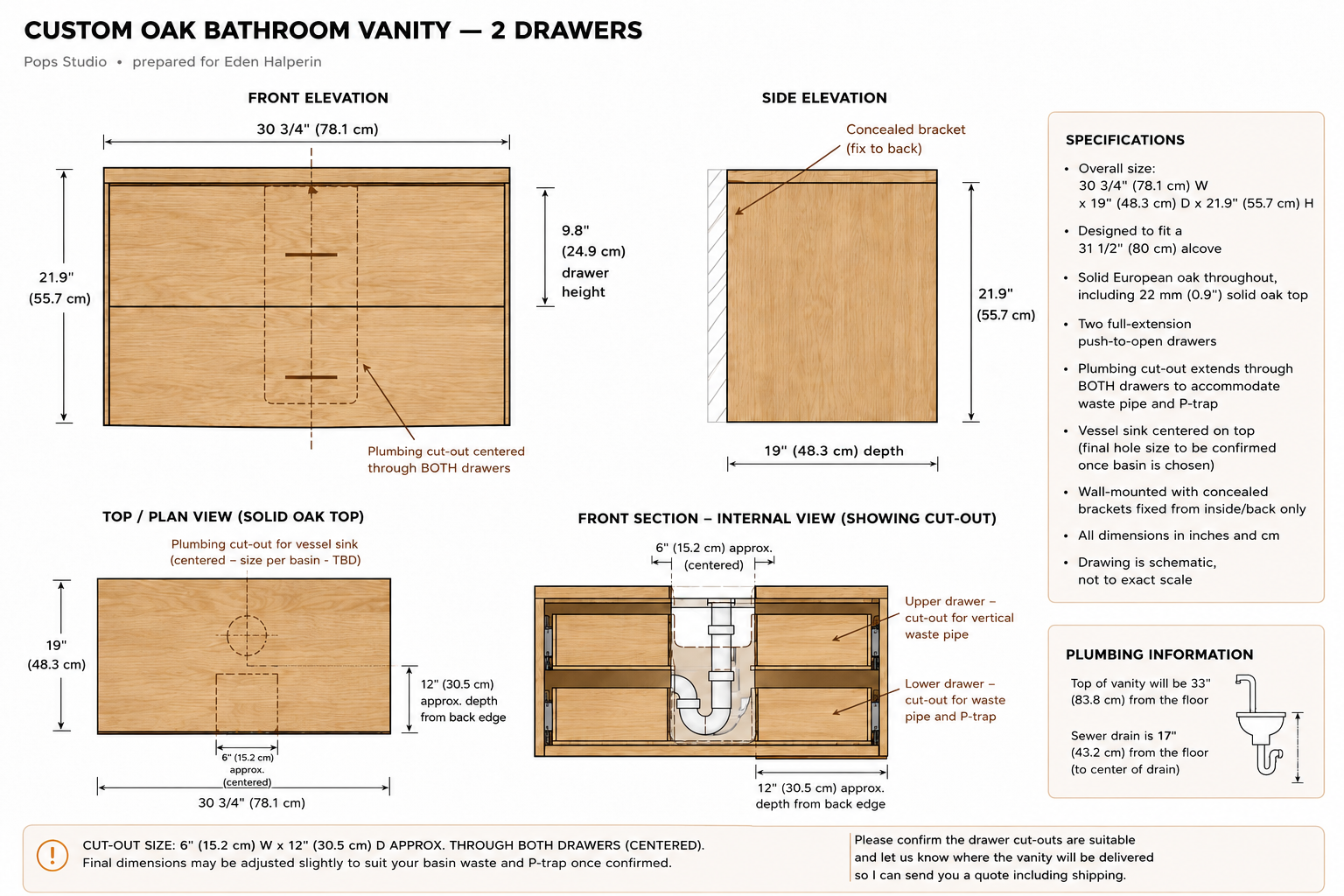 Custom Eden - 78x48cm Modern Oak Bathroom Vanity with 2 Drawers