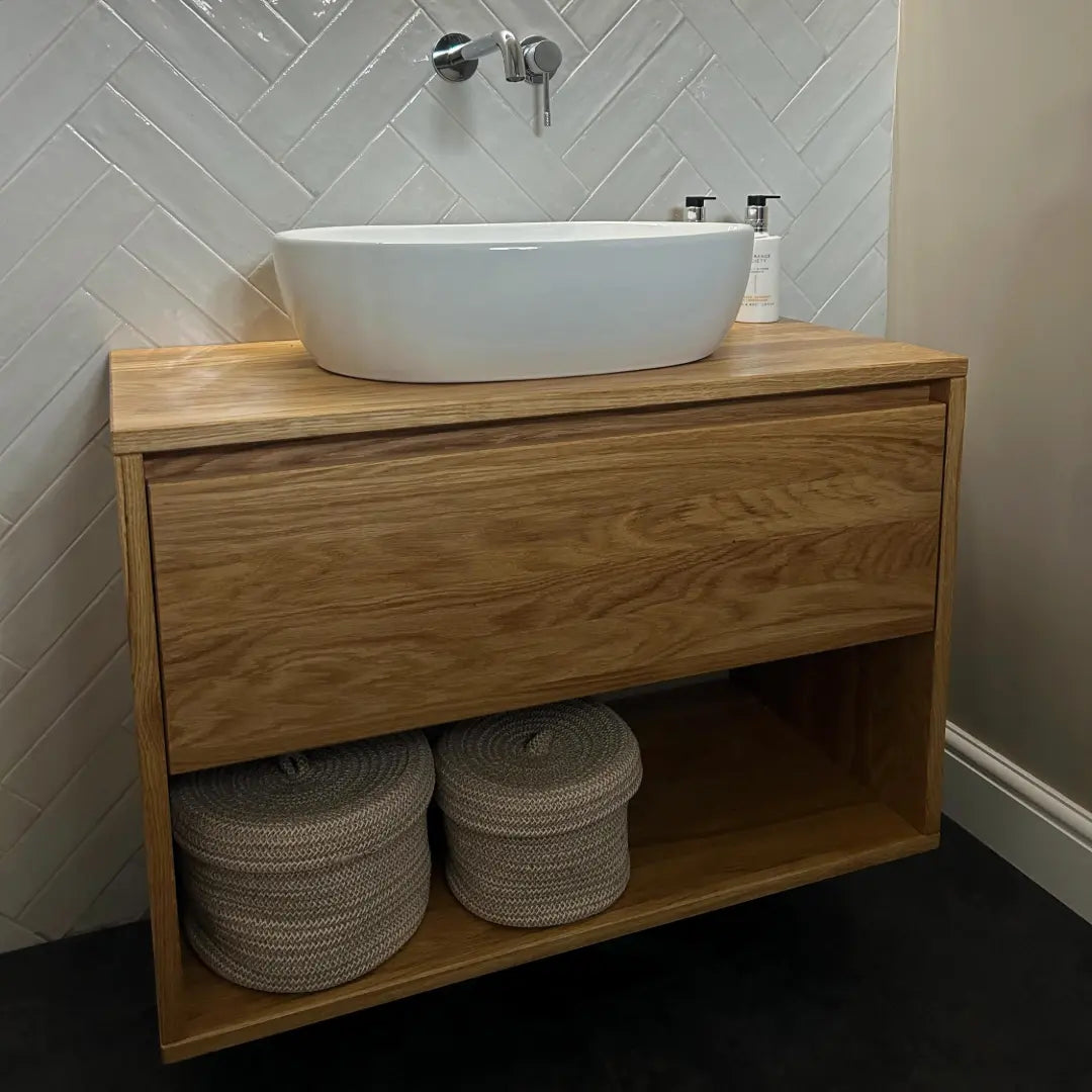 Custom Order for Michelle -> Vanity 90cm x 40cm (Two Drawers, 12mm Corian Worktop) + Vanity 60cm x 45cm (One Drawer, Solid Oak Worktop)