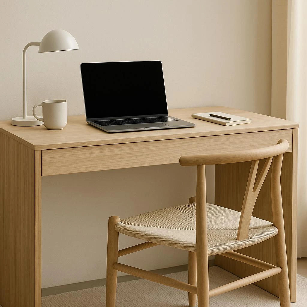 Solid Oak Desk with Full-Length Drawer — Japandi Minimalist Writing Desk