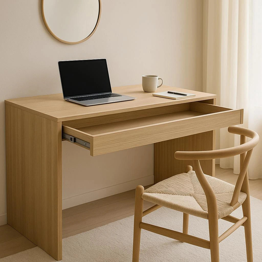 Solid Oak Desk with Full-Length Drawer — Japandi Minimalist Writing Desk