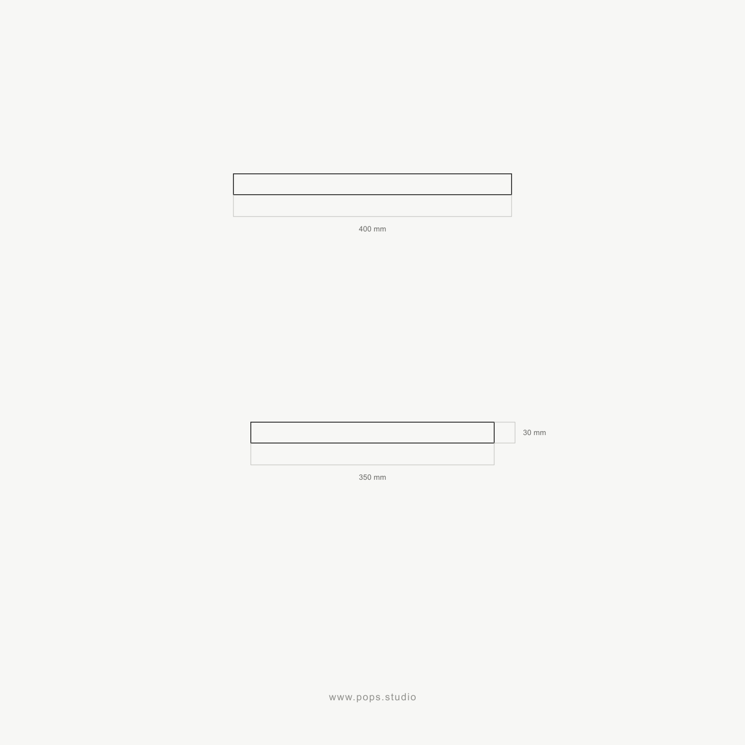 Minimal technical dimension drawing on a light gray background, showing floating bathroom vanity worktop outlines with measurement labels: 400 mm and 300 mm, plus a 30 mm vertical dimension. Small text at the bottom reads www.