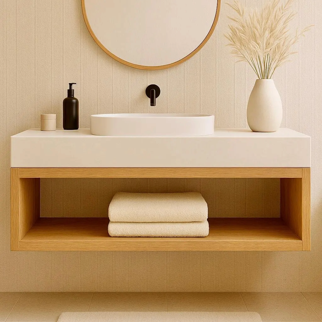 Oak Floating Bathroom Vanity | Wall-Mounted, Open Shelf Design, Solid Oak, Custom Sizes
