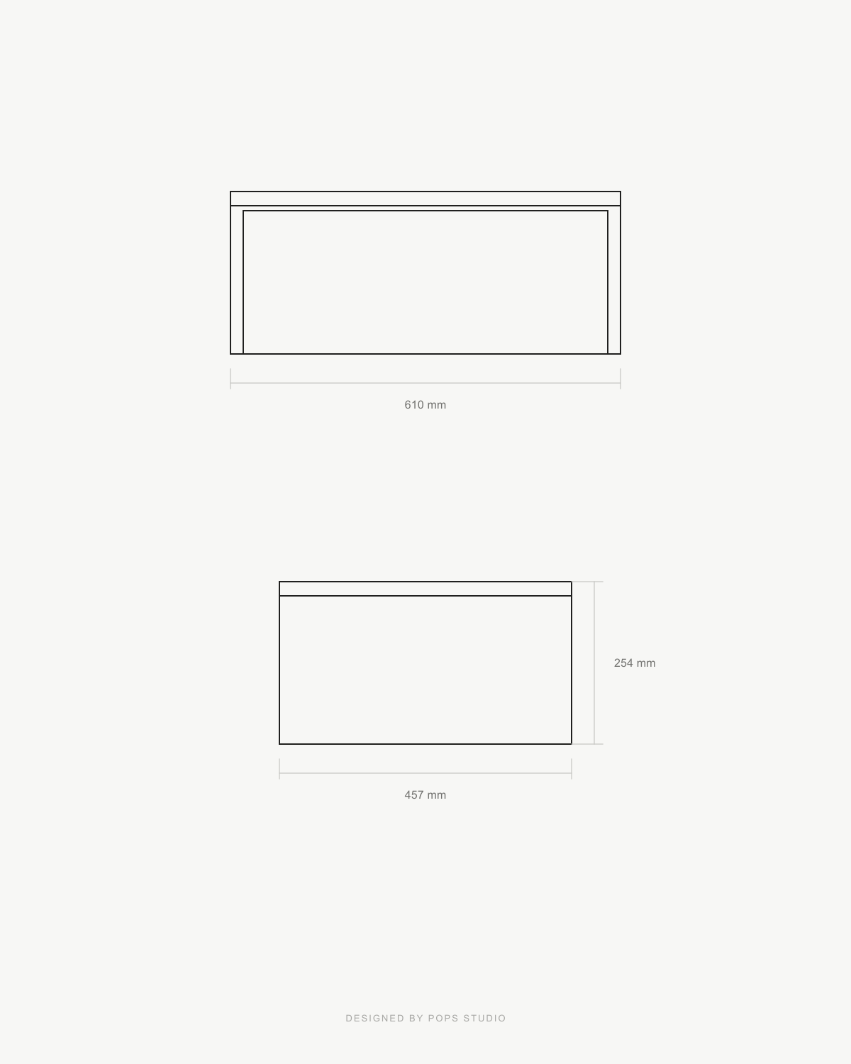 Technical dimension drawing of a rectangular wall-mounted shelf or cabinet, showing top and front views with measurements 610 mm, 427 mm, and 254 mm on a light gray background.