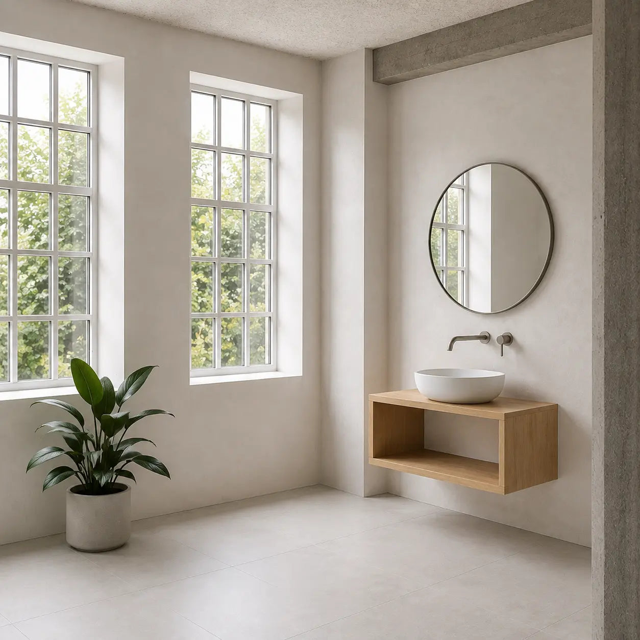 A modern bathroom vanity setup featuring a light wood floating cabinet, a white ceramic vessel sink, a wall-mounted oval mirror, and a chrome faucet, set against warm beige walls with large multi-pane windows and a potted plant.