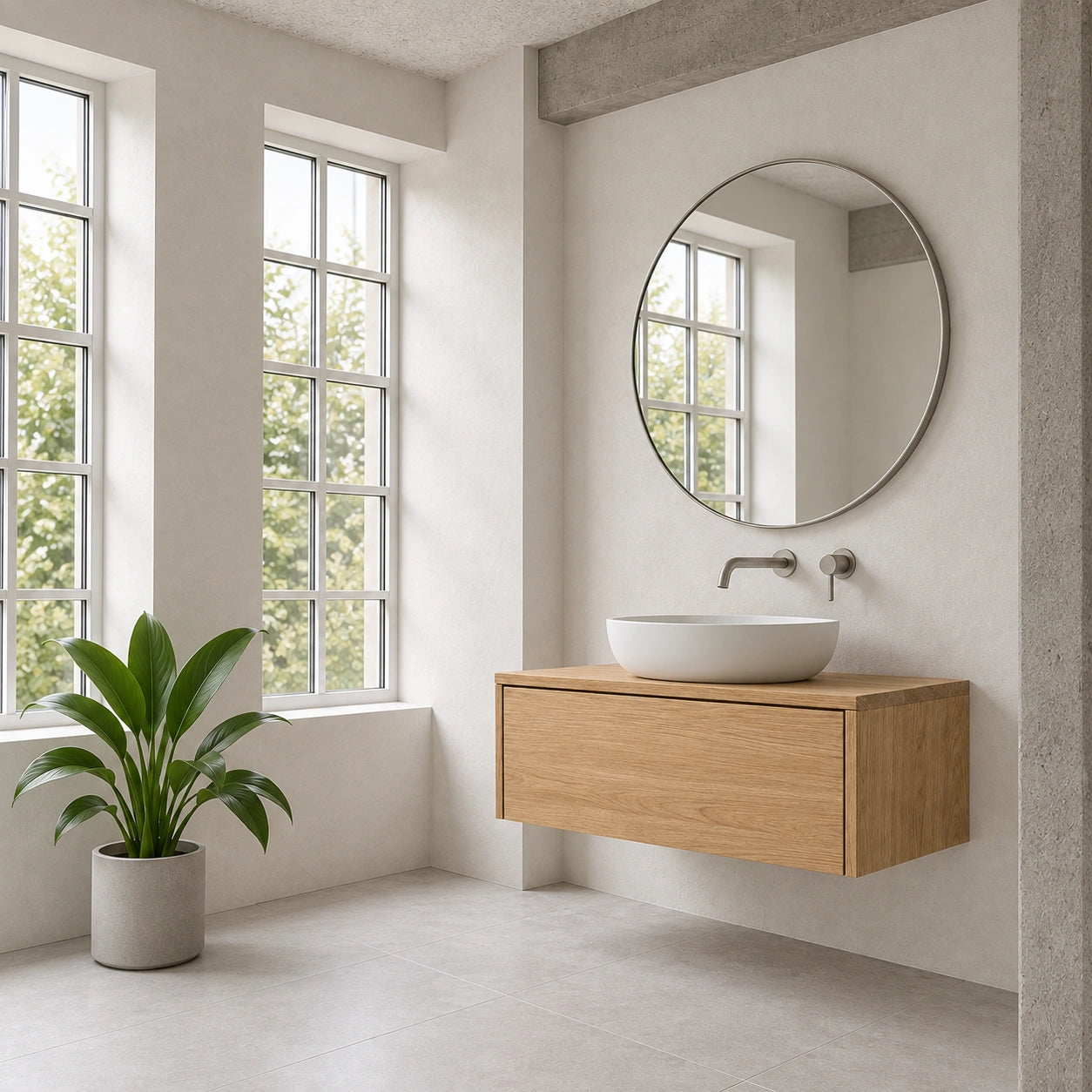 A modern floating bathroom vanity with a light wood cabinet, a white ceramic vessel sink, a wall-mounted chrome faucet, and a large round wall mirror. The vanity is set in a bright, minimalist bathroom with white walls, large multi-pane windows showing green foliage outside, and a potted plant on the floor.