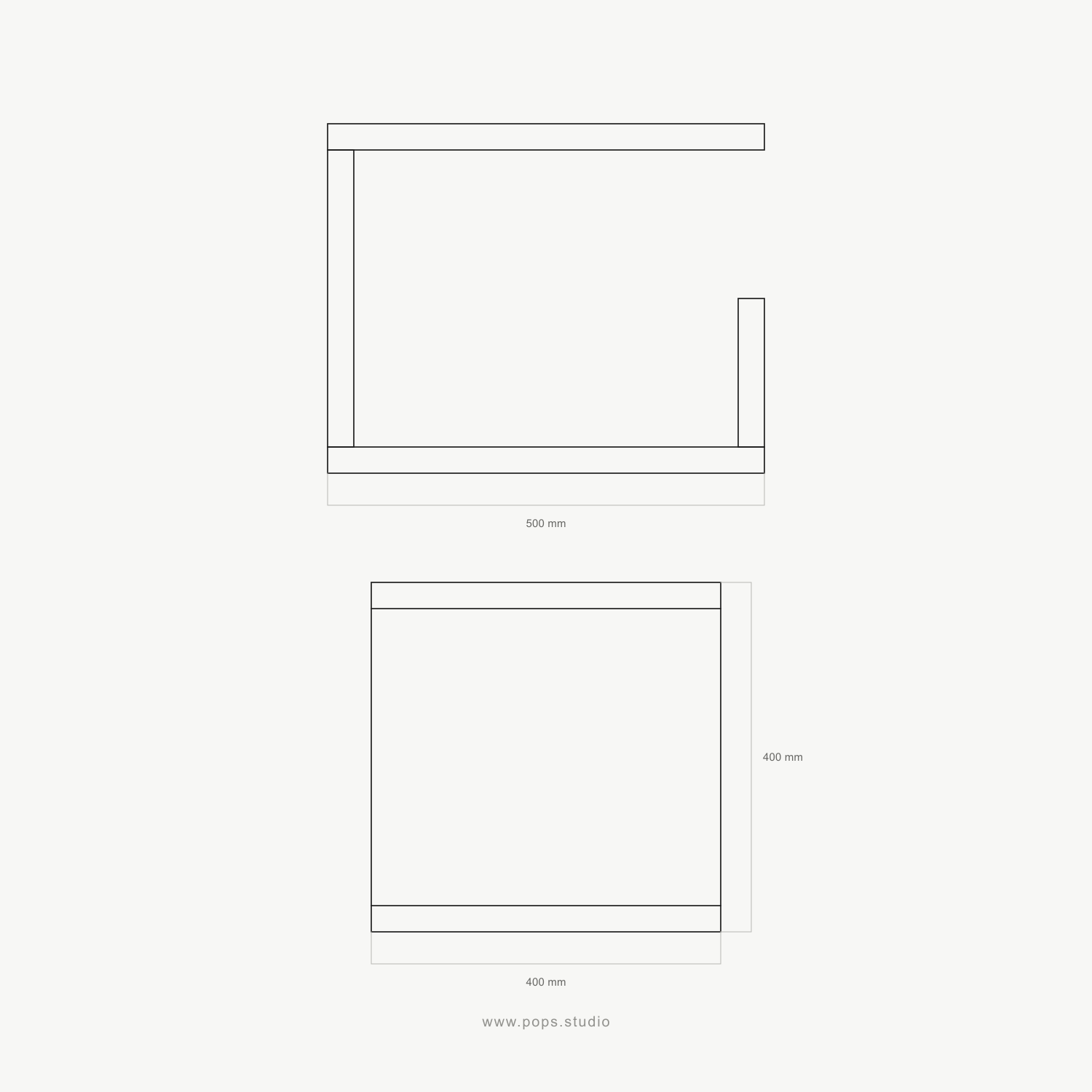 Minimalist line drawing showing two technical dimension views of a floating bathroom vanity on a light gray background, with measurements 500 mm, 400 mm, and 400 mm. Small text at the bottom reads www.