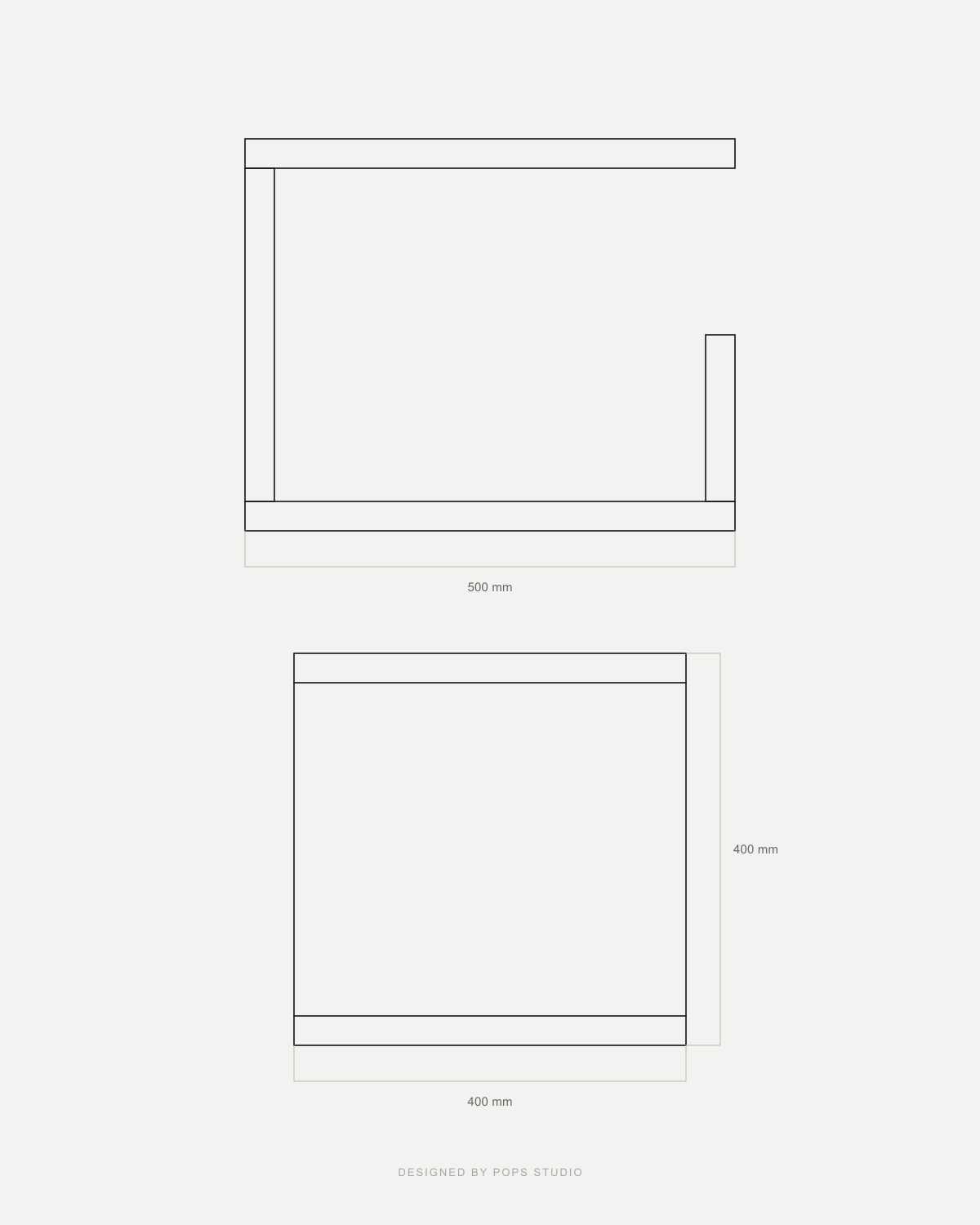 Technical dimension drawing of a minimalist C-shaped bathroom vanity, showing a 500 mm width and 400 mm height, with a second view of a square base section labeled 400 mm by 400 mm, on a light gray background.