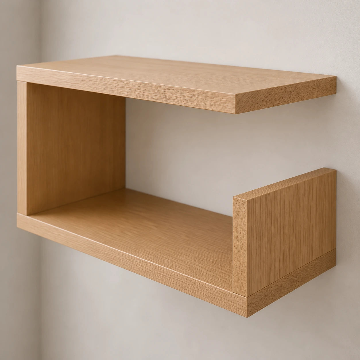 A light oak wood floating wall C-shaped vanity, mounted on a neutral beige wall.