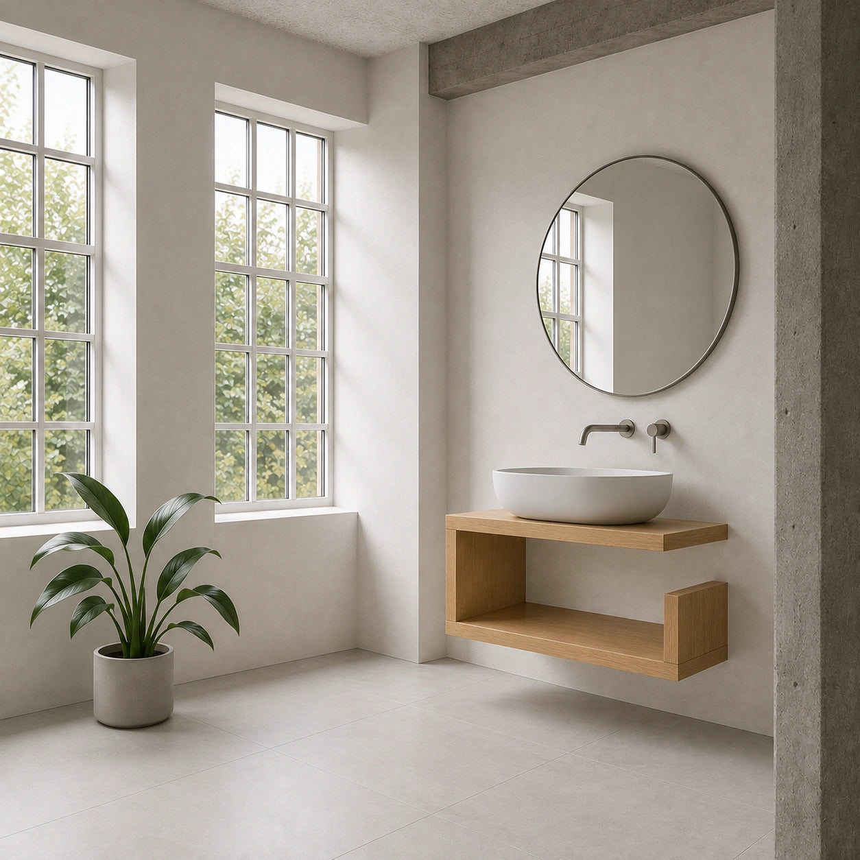 A modern bathroom interior with a floating wooden vanity, white vessel sink, round wall mirror, and large windows with greenery outside.