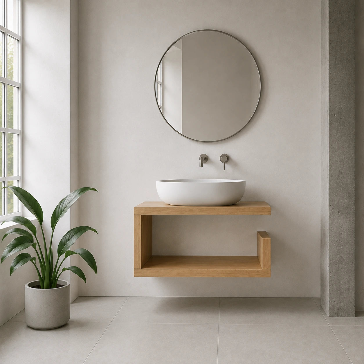 A modern floating wooden bathroom vanity with a white vessel sink, a round wall mirror, and wall-mounted faucets in a minimalist beige bathroom setting with a potted plant.