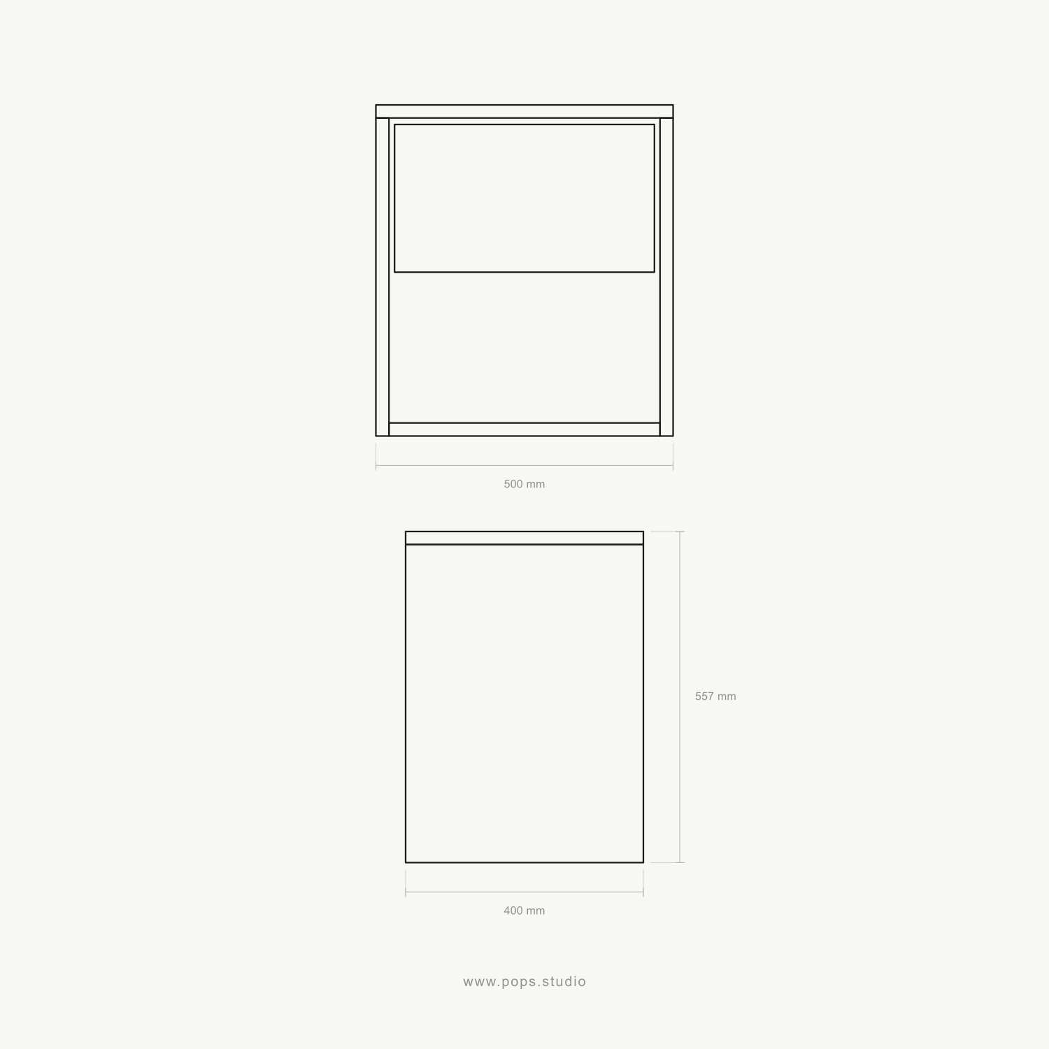 A minimalist black-and-white technical line drawing showing a rectangular flosting bathroom vanity dimensions: a front view with 500 mm width and a lower side view with 507 mm height and 400 mm width. Small text at the bottom reads www.