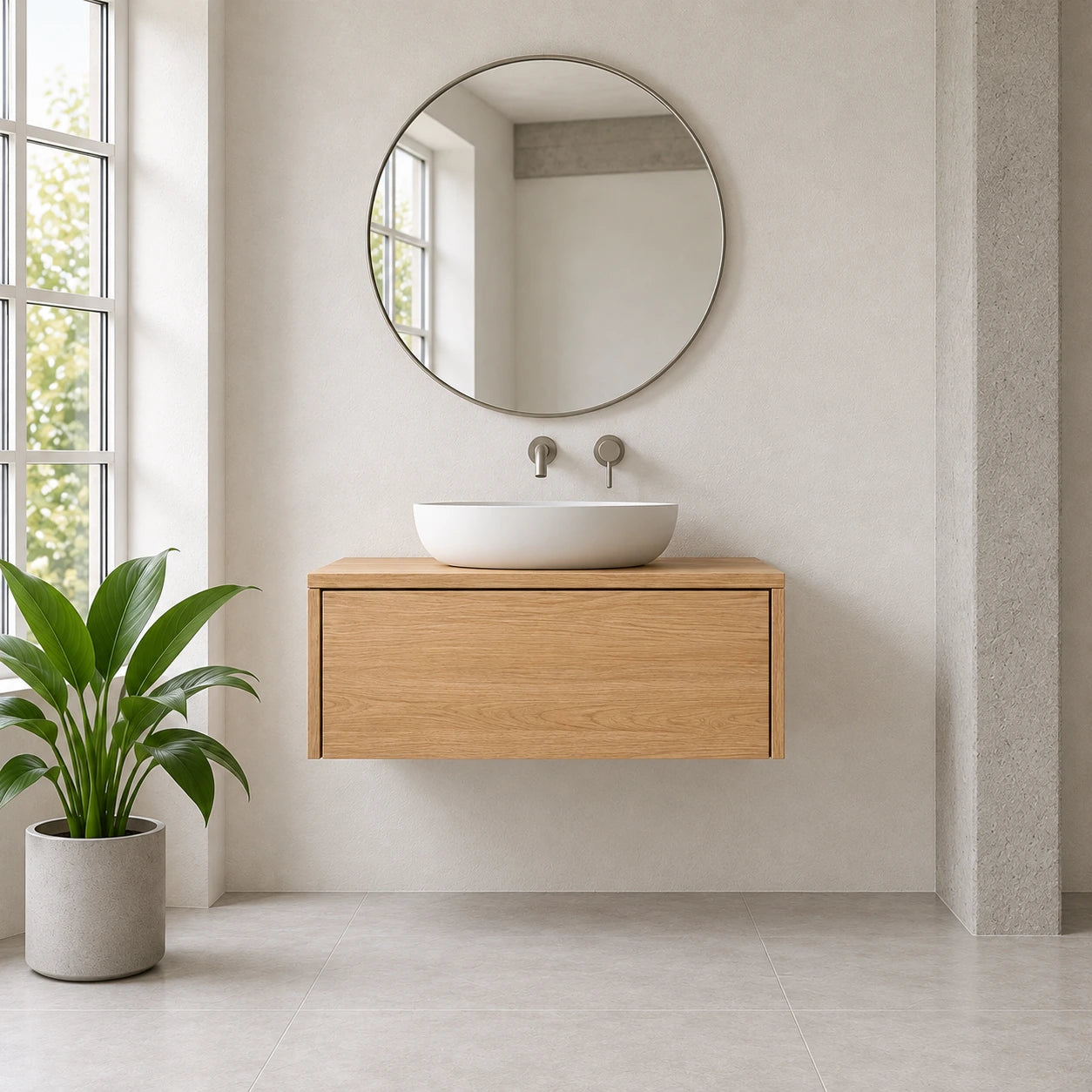 A modern floating wooden bathroom vanity with a white vessel sink, a round wall mirror, and a potted plant in a bright, minimalist bathroom setting.