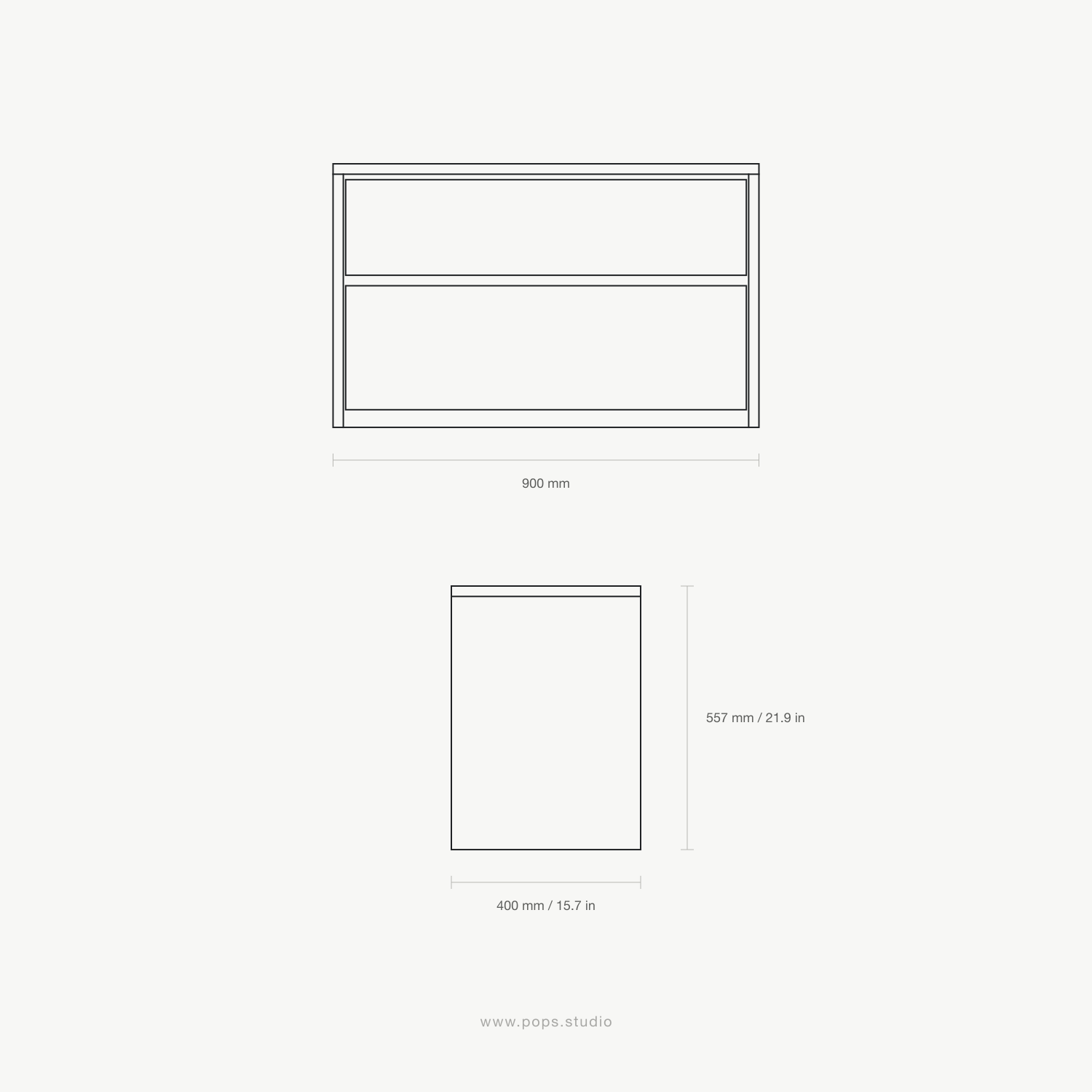 Technical dimension drawing of a floating bathroom vanity cabinet, shown from above and front with measurements labeled 900 mm wide and 507 mm tall, on a light gray background.
