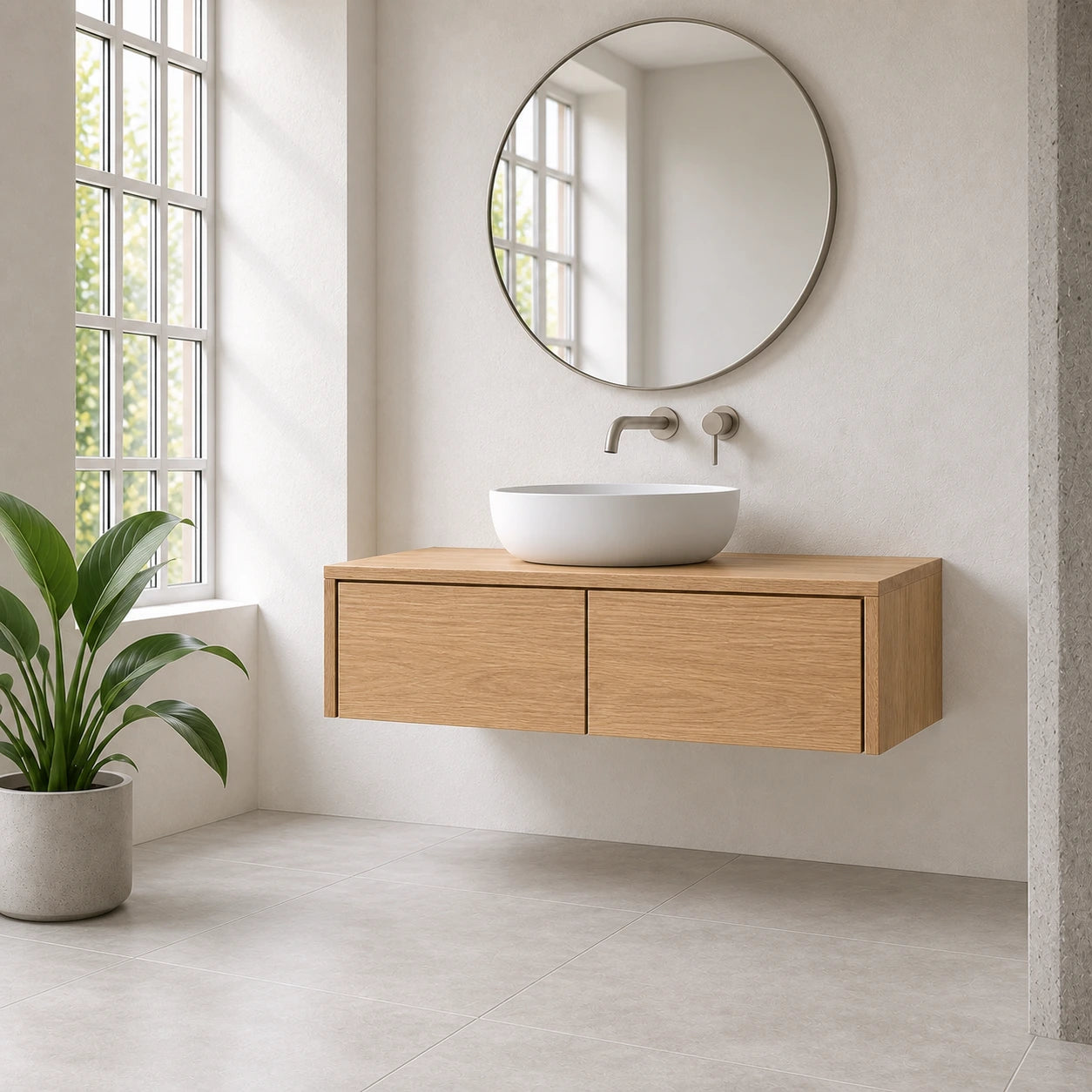 A modern floating bathroom vanity with a light oak wood cabinet, a white ceramic vessel sink, and a round wall mirror, set in a bright minimalist bathroom with a window and a potted plant.