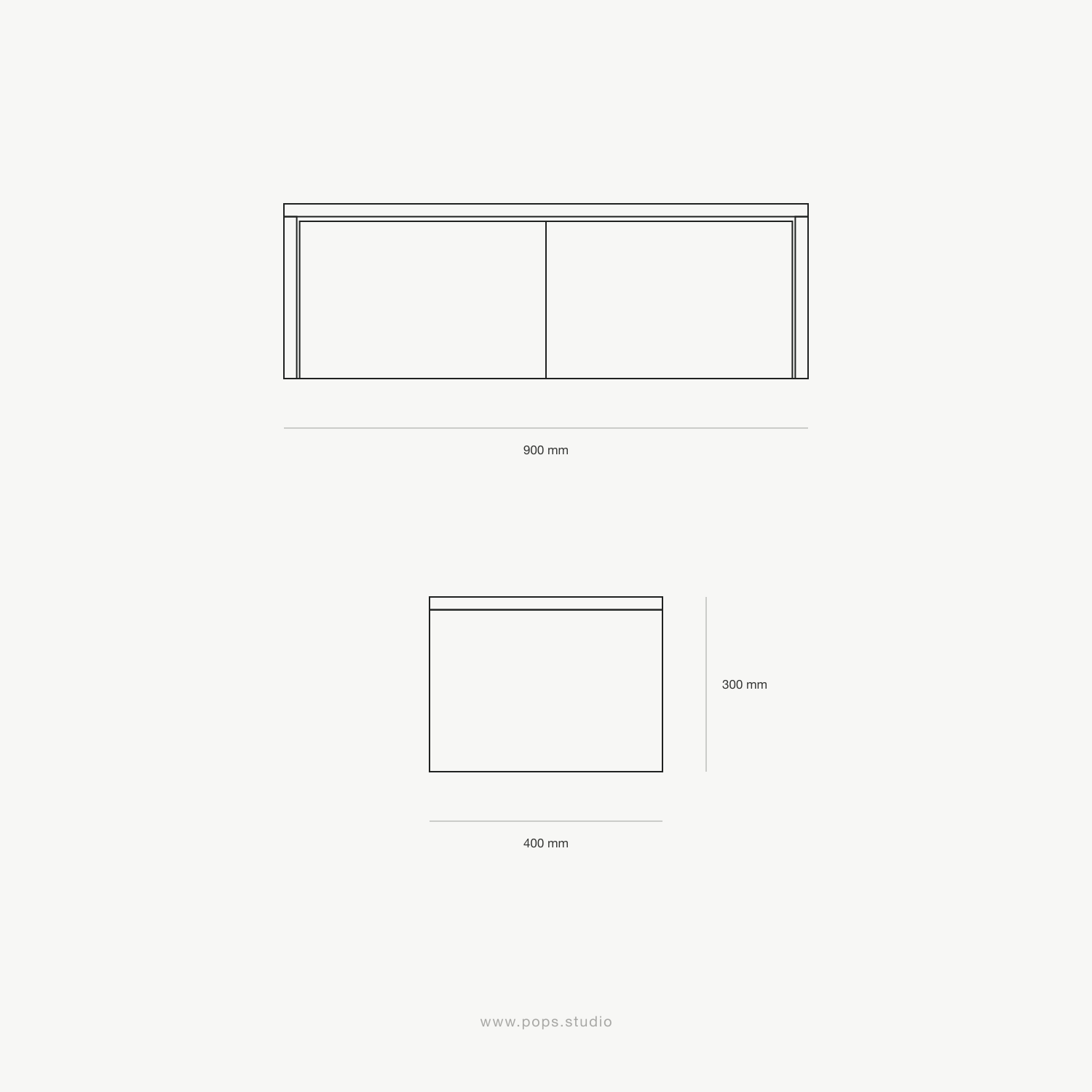 Minimal technical dimension drawing of a floating bathroom vanity cabinet with two drawers, shown in top and side views on a light gray background. Labels indicate 900 mm width, 300 mm height, and 400 mm depth.