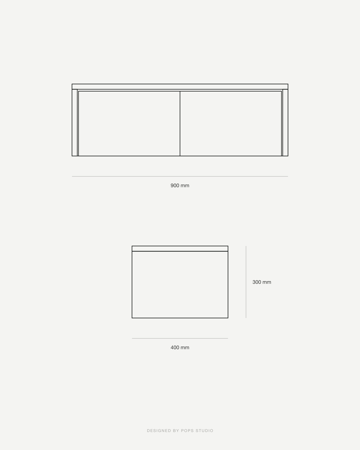 A minimalist black and white technical line drawing showing two rectangular cabinet or drawer front views with dimension labels: 900 mm width on the top view, 300 mm height on the right side, and 400 mm width on the bottom view.