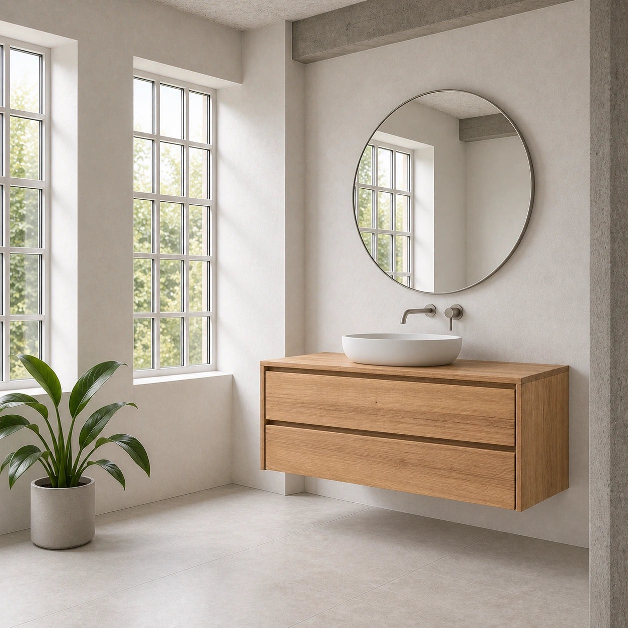 A modern floating wooden bathroom vanity with a white vessel sink and a large round wall mirror, shown in a bright minimalist bathroom with tall windows and a potted plant.