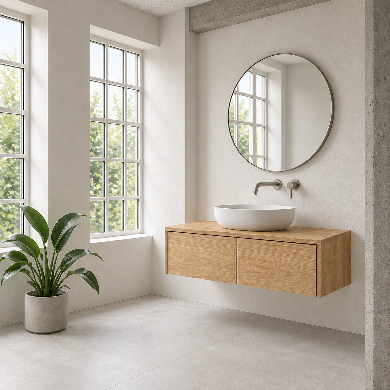 A modern floating bathroom vanity with a light oak wood cabinet, a white ceramic vessel sink, and a wall-mounted oval mirror, shown in a bright minimalist bathroom with large windows and a potted plant.