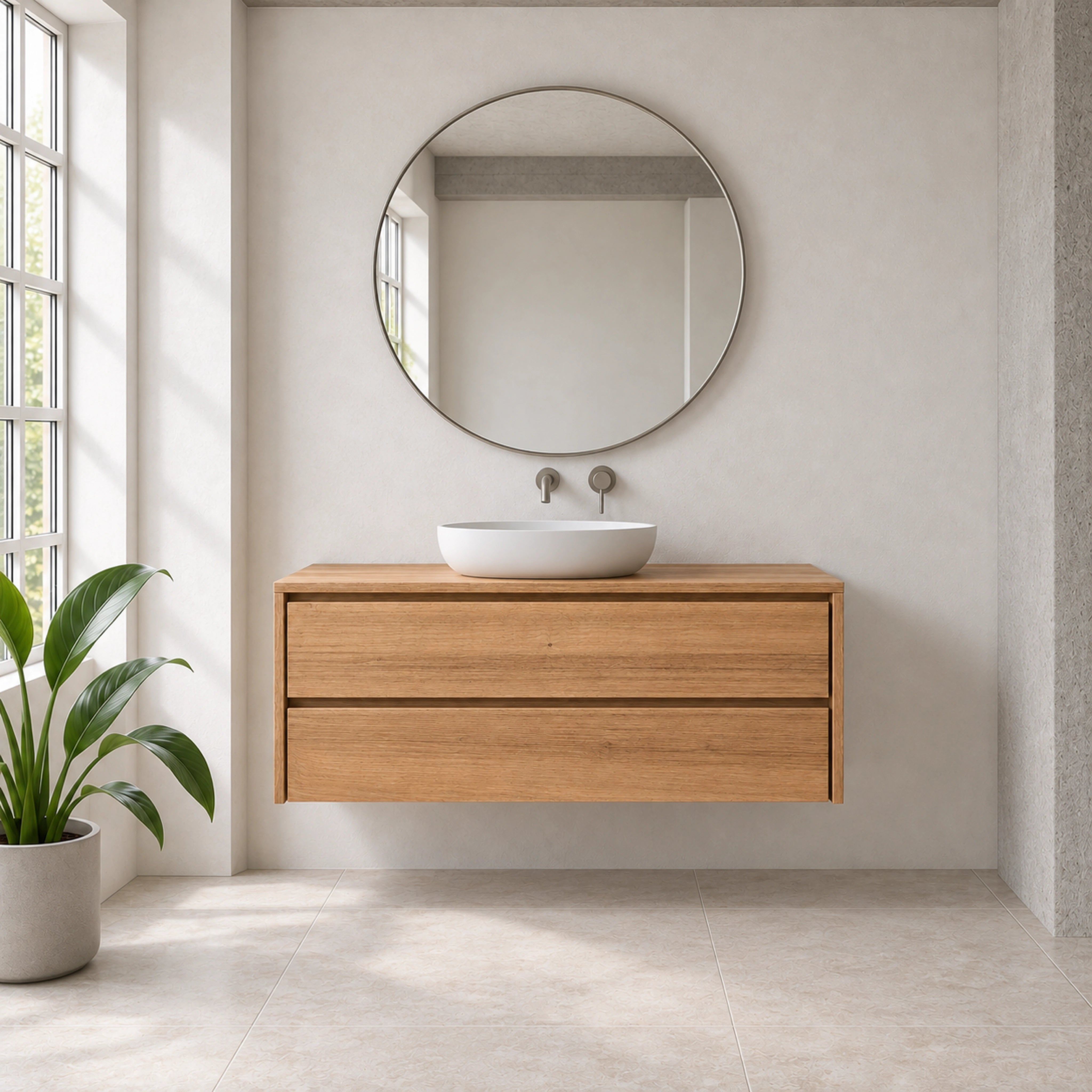 A modern floating bathroom vanity with a white vessel sink and a round wall mirror, set against a minimalist beige wall with a window and a potted plant.