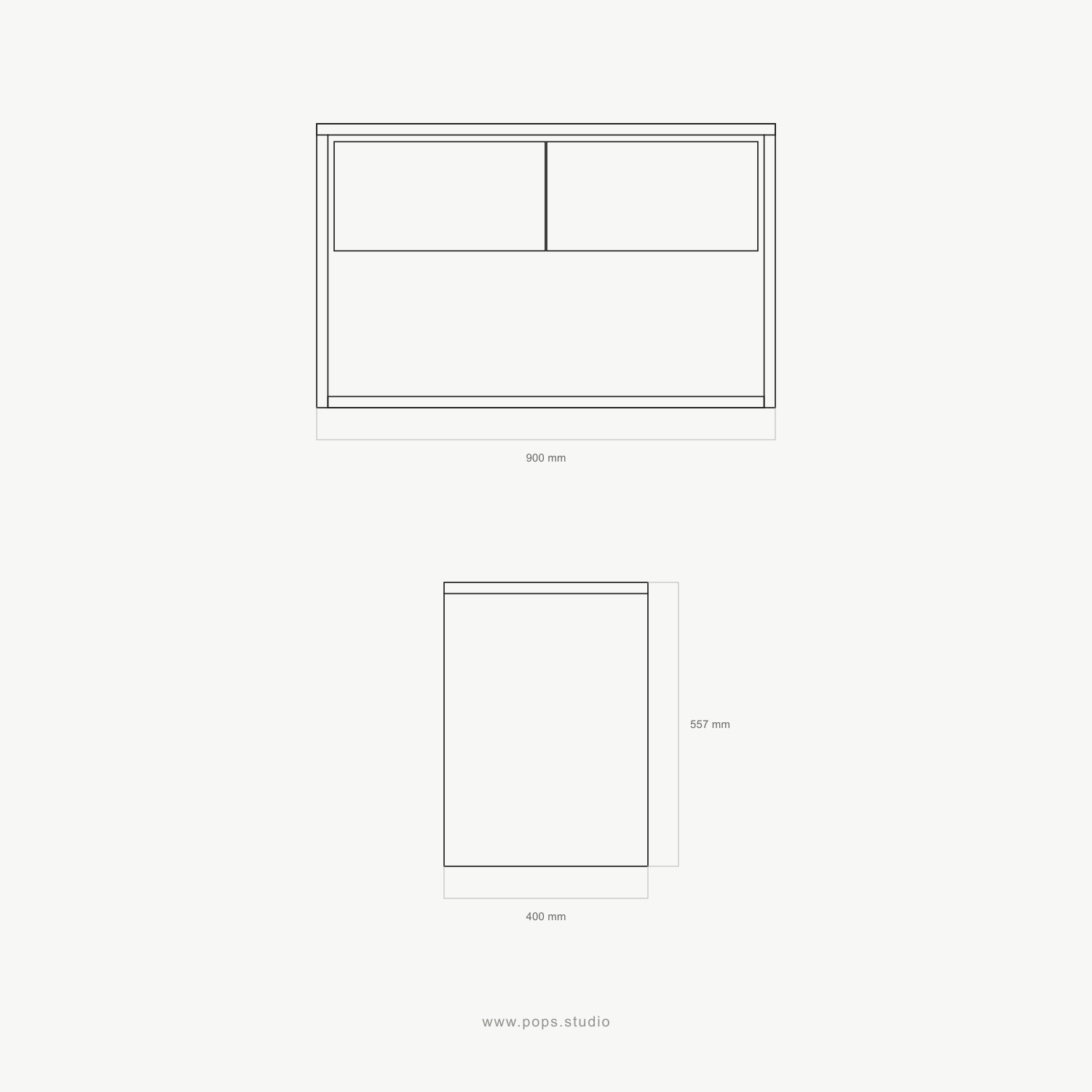 Technical dimension drawing of a floating bathroom vanity cabinet, shown from above with measurements labeled 900 mm, 557 mm, and 450 mm on a light gray background.
