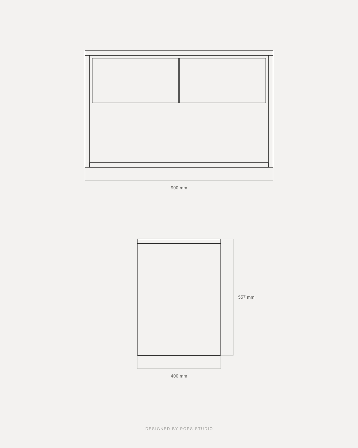 Top-down line drawing of a bathroom vanity with two drawers and and open shelve below, showing 900 mm width and 850 mm height, plus a second side-view dimension labeled 400 mm, on a light gray background.