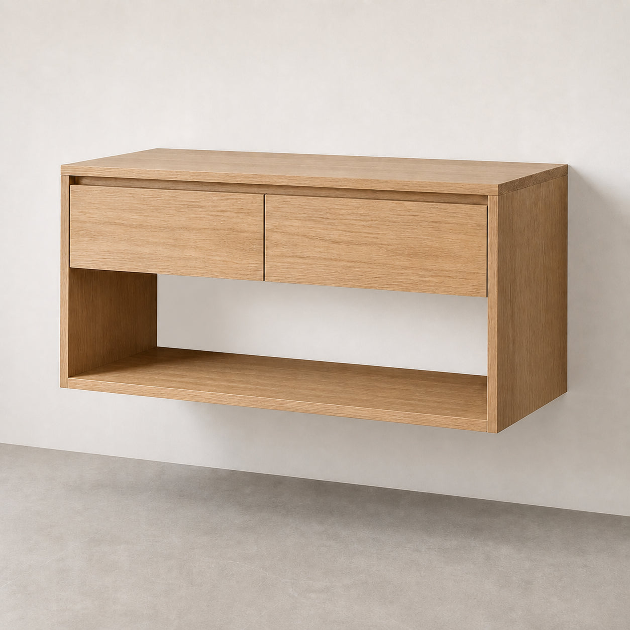 A floating wall-mounted wooden sideboard with two drawers and an open lower shelf, shown against a plain light wall and gray floor.