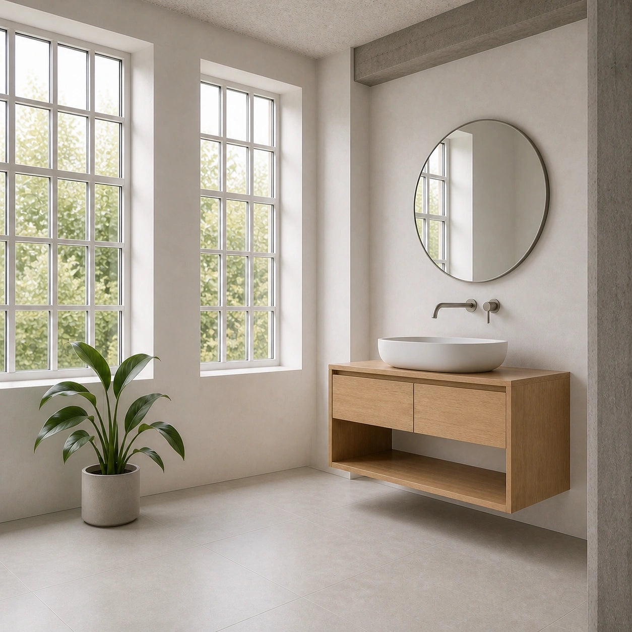A modern bathroom vanity setup featuring a light wood floating cabinet with an integrated white vessel sink and a round wall mirror, set in a bright, minimalist room with large windows and a potted plant.