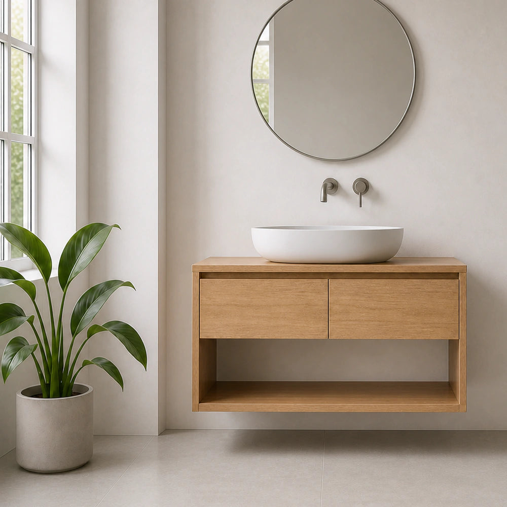 A modern floating bathroom vanity with a light oak wood cabinet, a white oval vessel sink, a round wall mirror, and matte metal faucets, set in a bright minimalist bathroom next to a potted plant.