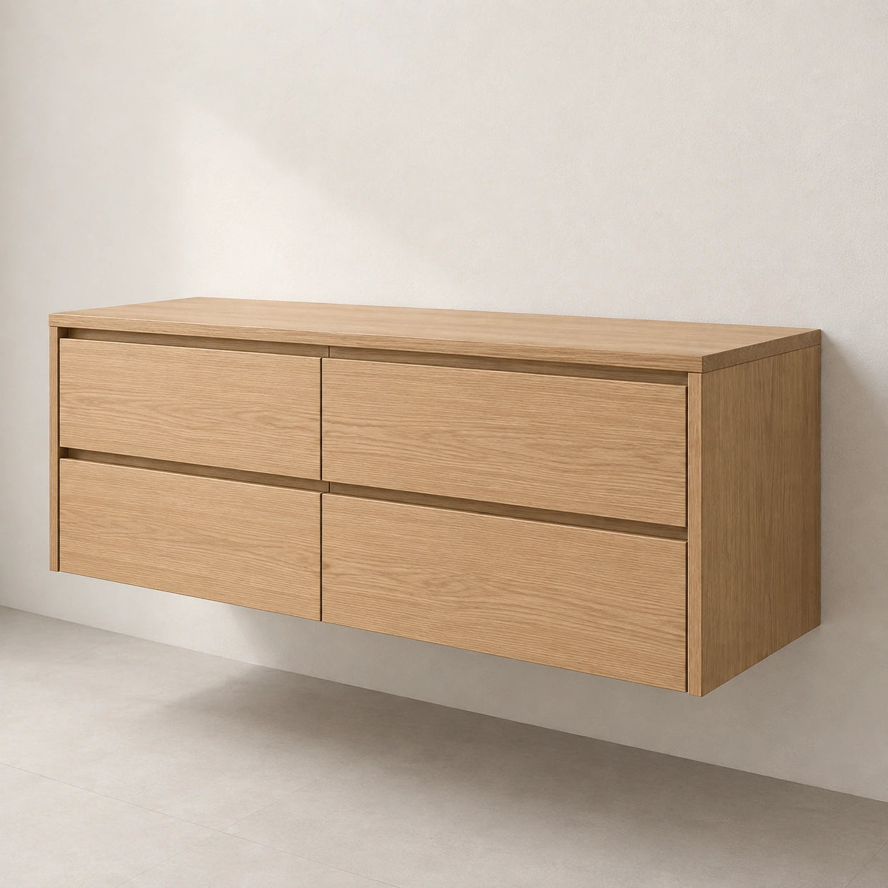 Solid Oak Floating Vanity — Four-Drawer Japandi Bathroom Cabinet