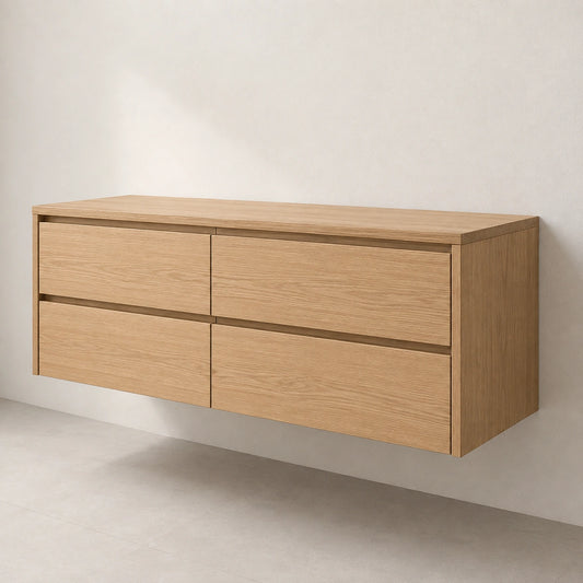 Solid Oak Floating Vanity — Four-Drawer Japandi Bathroom Cabinet