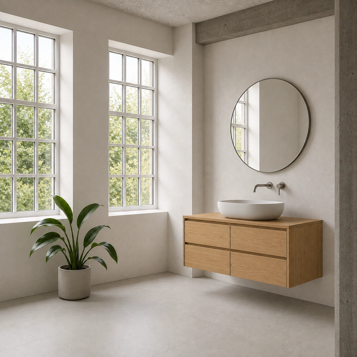 Solid Oak Floating Vanity — Four-Drawer Japandi Bathroom Cabinet