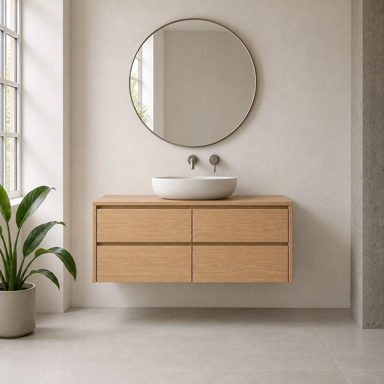 Solid Oak Floating Vanity — Four-Drawer Japandi Bathroom Cabinet