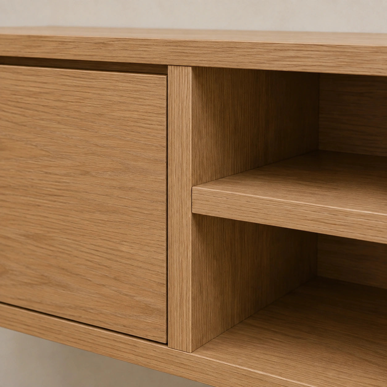Solid Oak Floating Vanity — One Drawer and Open Side Shelves