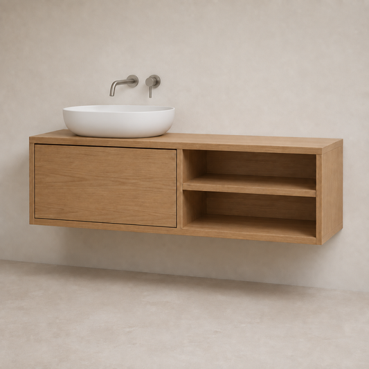 Solid Oak Floating Vanity — One Drawer and Open Side Shelves