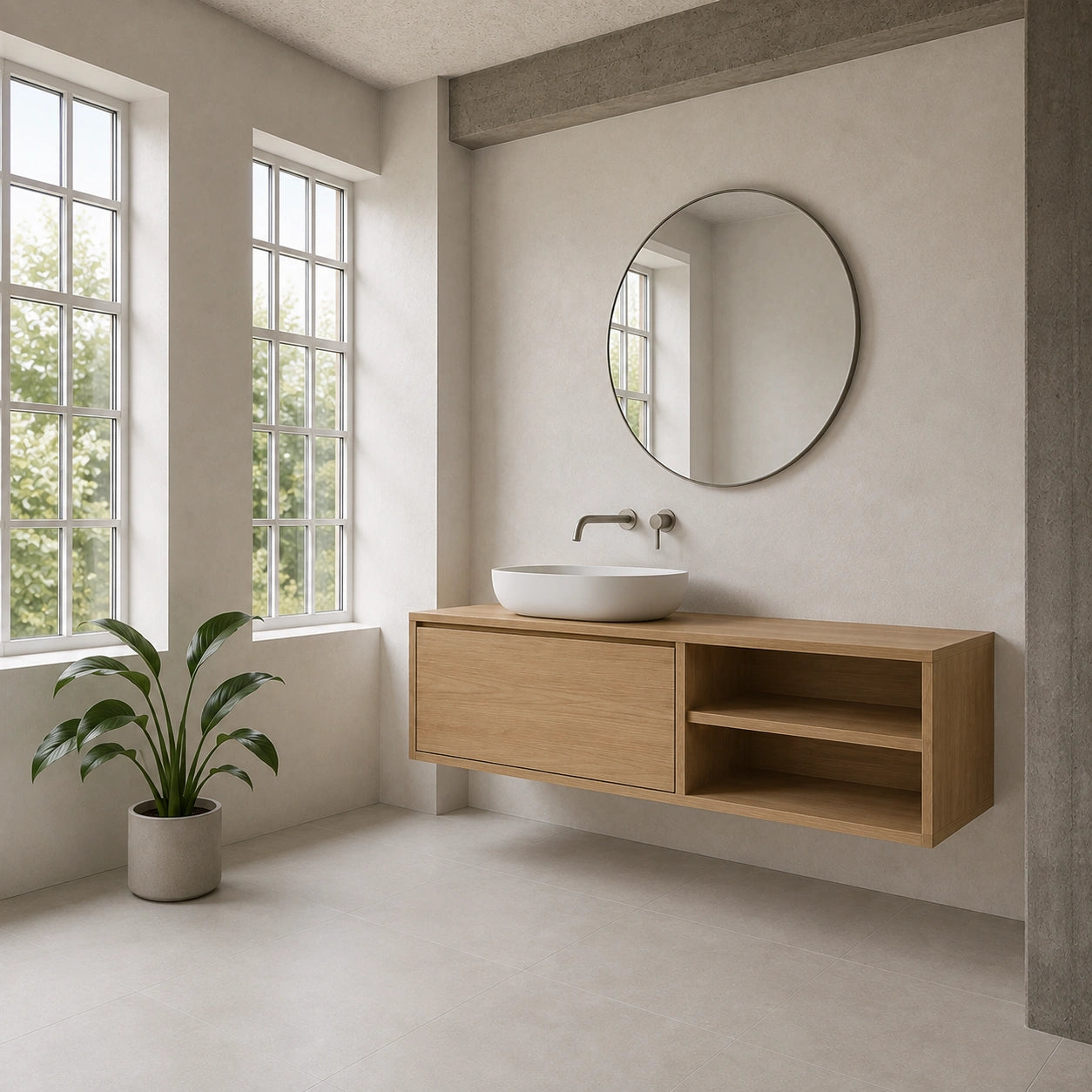 Solid Oak Floating Vanity — One Drawer and Open Side Shelves