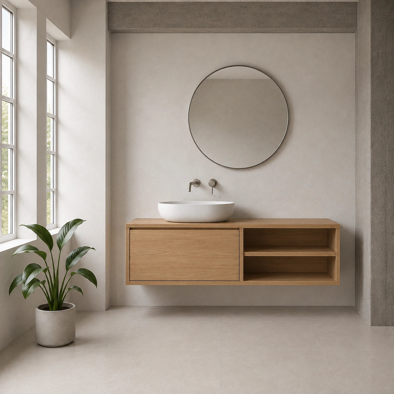 Solid Oak Floating Vanity — One Drawer and Open Side Shelves
