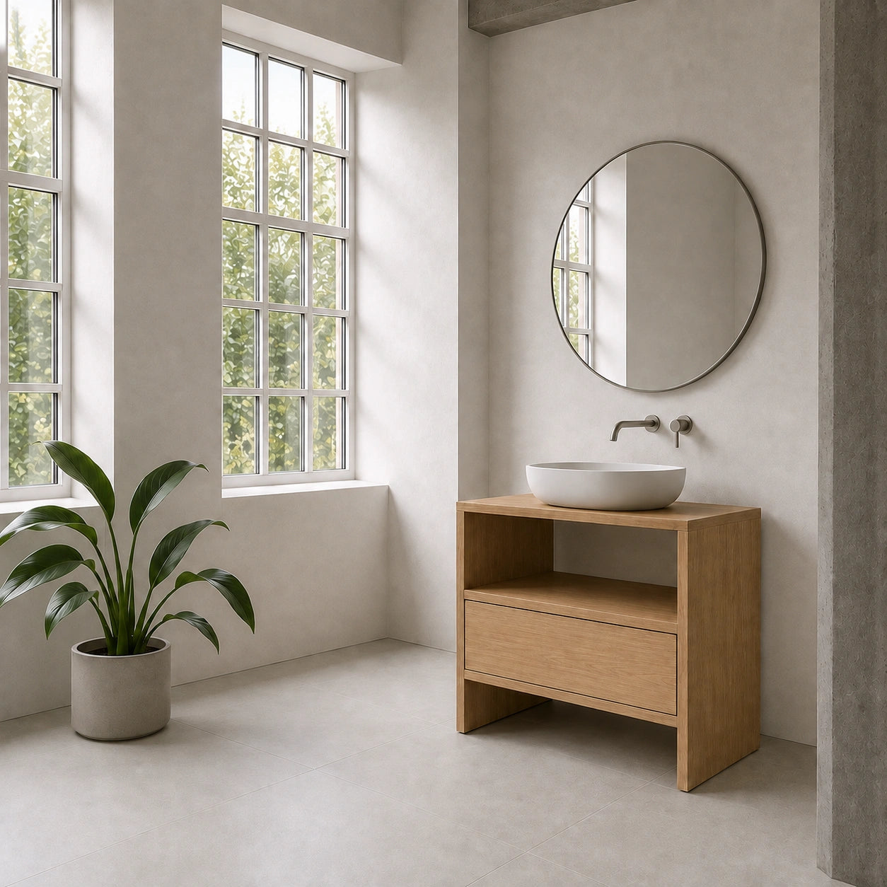 Solid Oak Freestanding Vanity — Open Shelf and Drawer Bathroom Cabinet