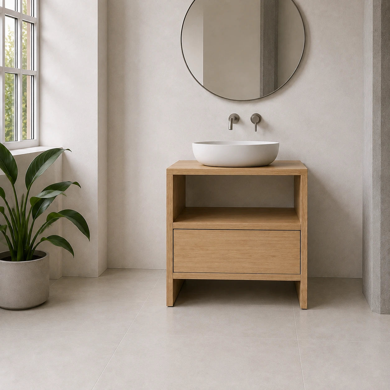 Solid Oak Freestanding Vanity — Open Shelf and Drawer Bathroom Cabinet