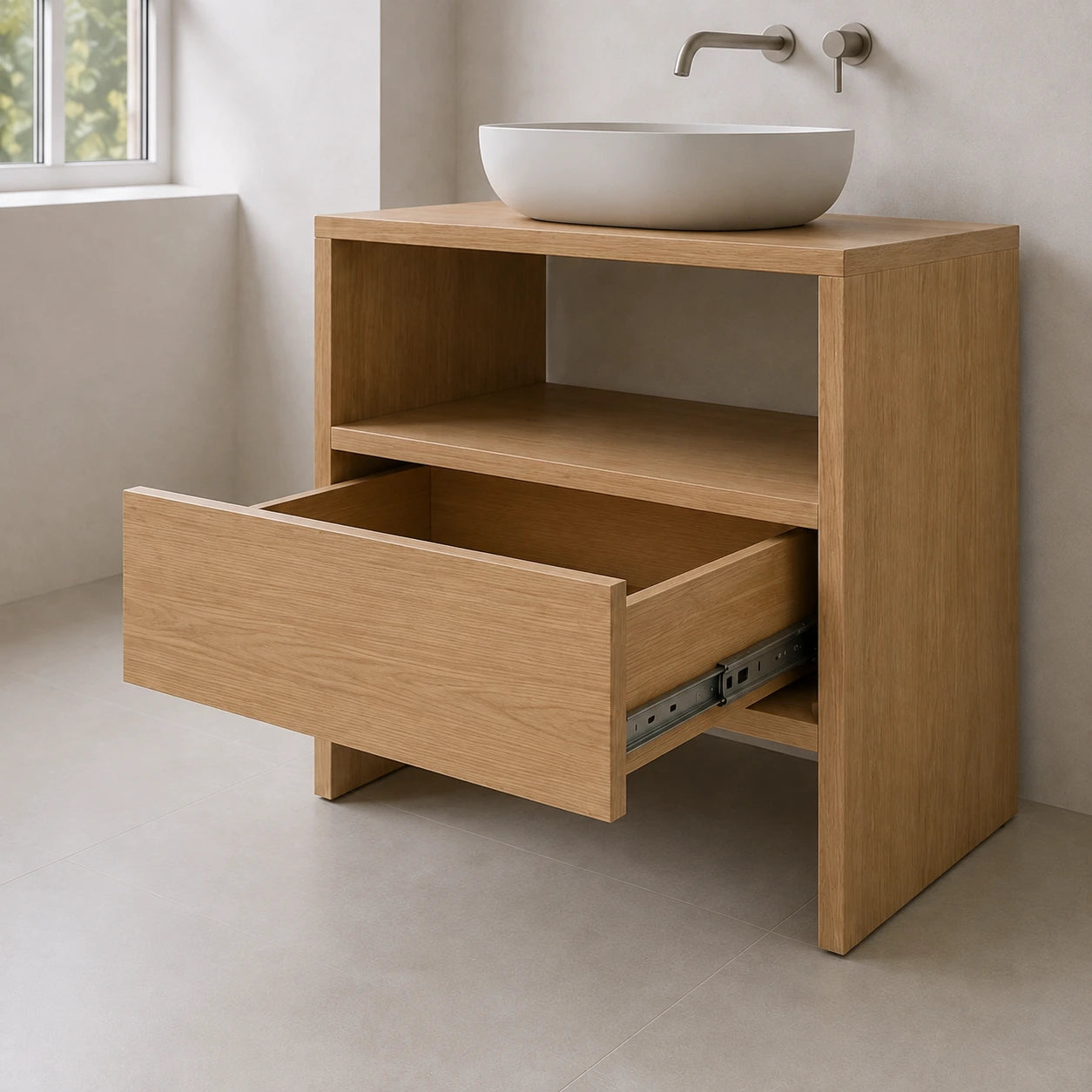 Solid Oak Freestanding Vanity — Open Shelf and Drawer Bathroom Cabinet