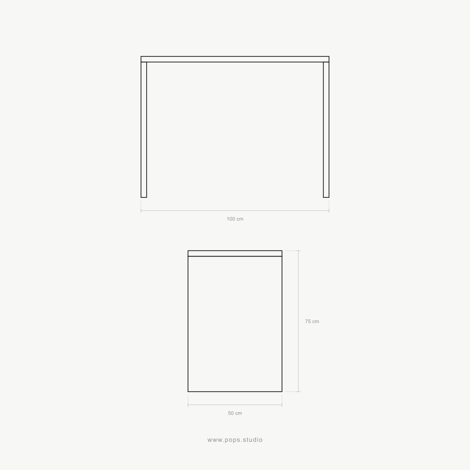 A minimalist black-and-white technical line drawing showing two views of a writing desk with dimensions: front viewt 100 cm by 75 cm and a side view 90 cm by 75 cm, on a light gray background. Small text at the bottom reads www.