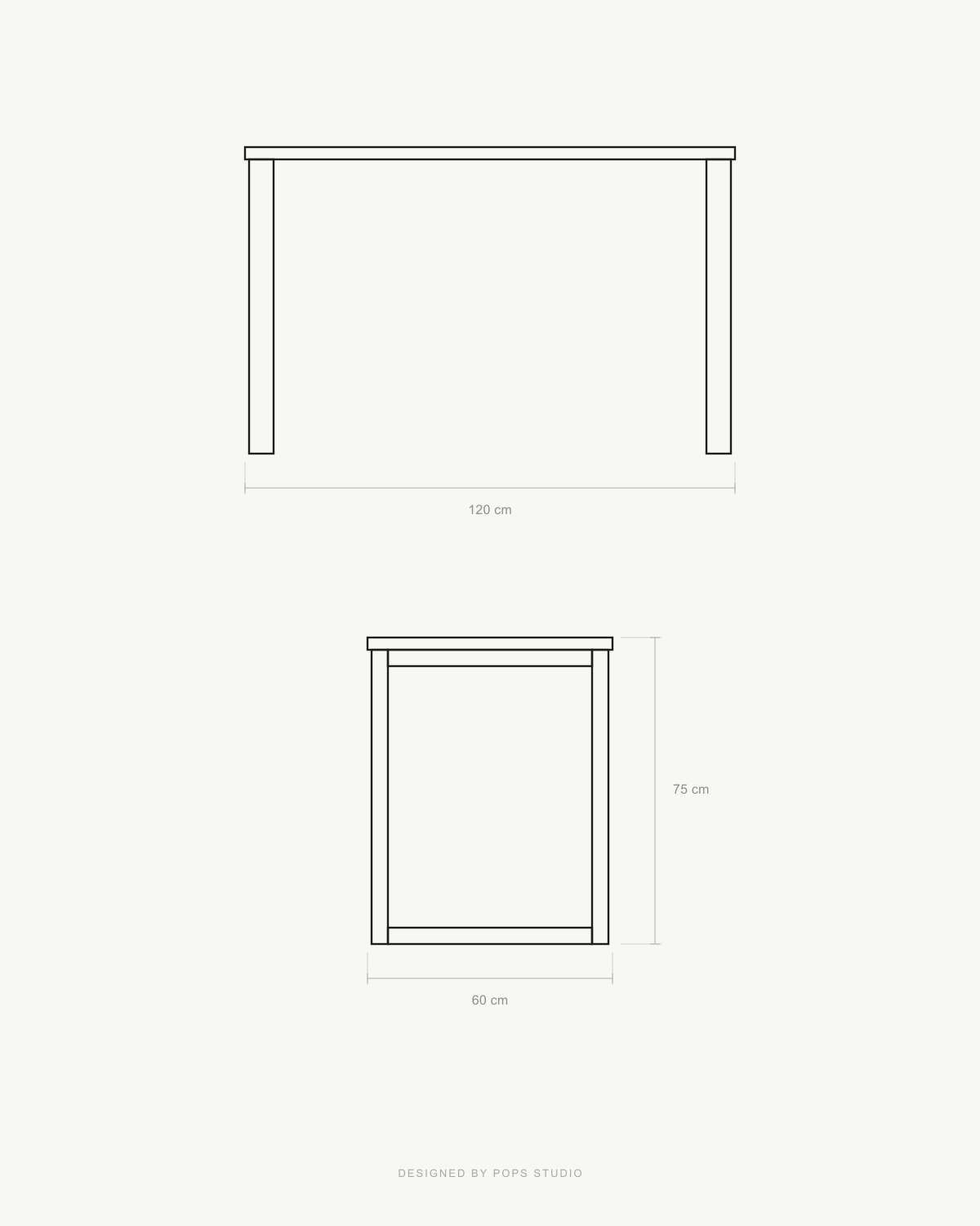 Black and white line drawing showing the dimensions of a writing desk, with top-down and front views, labeled 120 cm wide, 75 cm high, and 60 cm deep, on a light gray background.