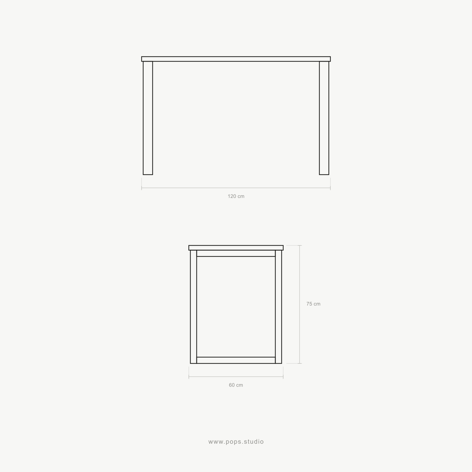 A minimalist black and white line drawing showing two orthographic views of a writing desk: a top-down view labeled 120 cm wide and a front view labeled 75 cm high and 60 cm wide, with the text www.pops.