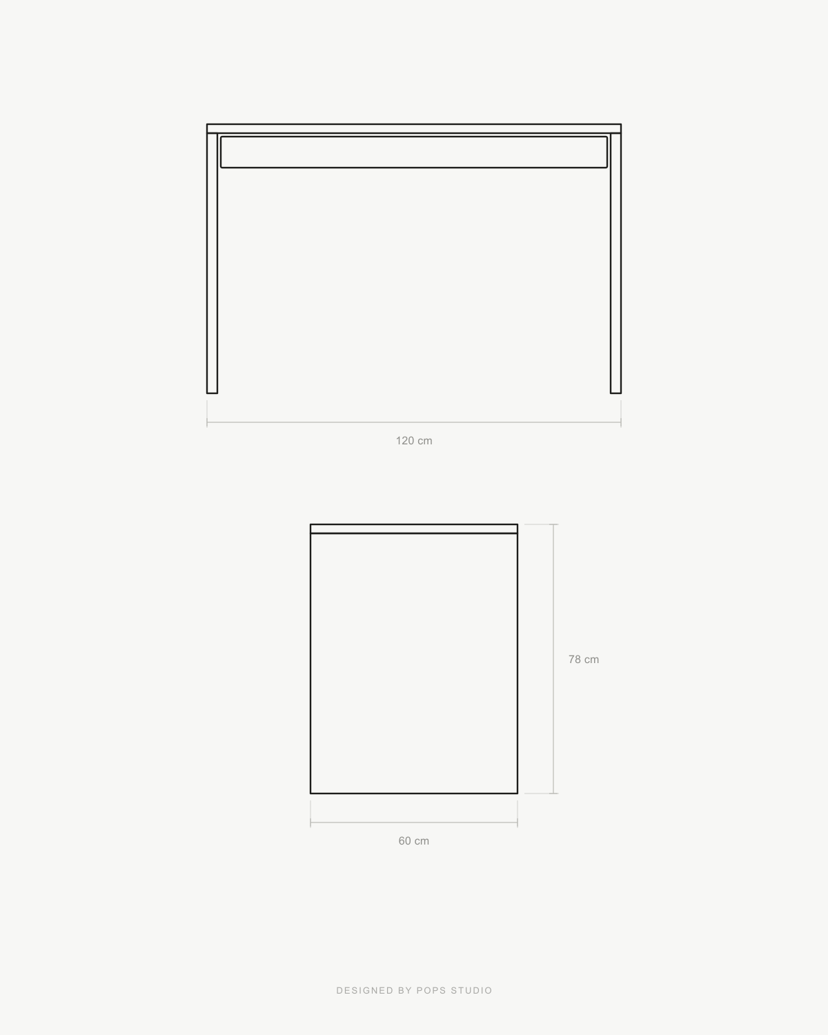 Minimal line drawing of a writing desk shown from above, with dimension labels 120 cm width and 70 cm height, plus a second front view below with 60 cm width. Small text at the bottom reads 'DESIGNED BY PIPER STUDIO'.