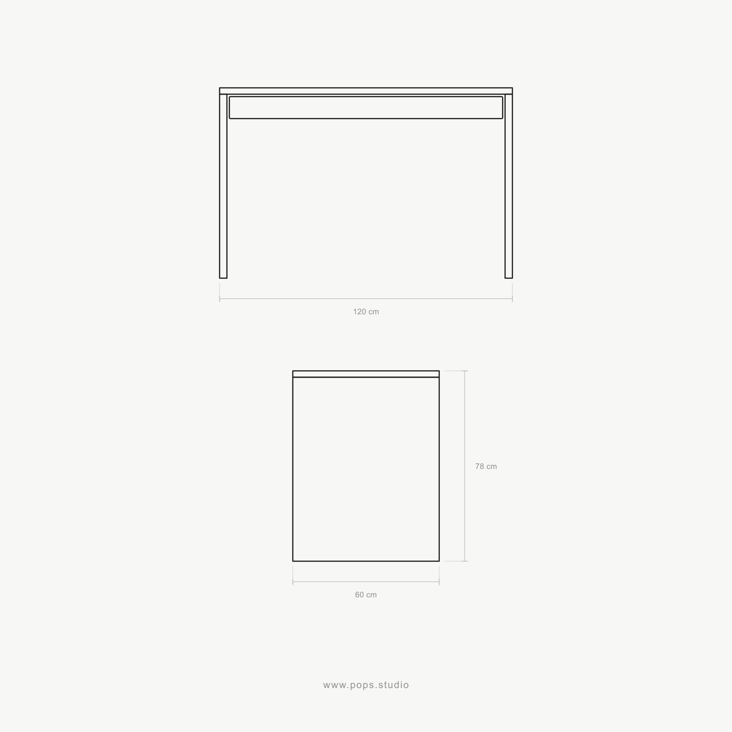 A minimalist line drawing showing two views of a writing desk: a top-down view labeled 120 cm wide and a front-facing side view labeled 70 cm tall by 80 cm wide, on a very light gray background.