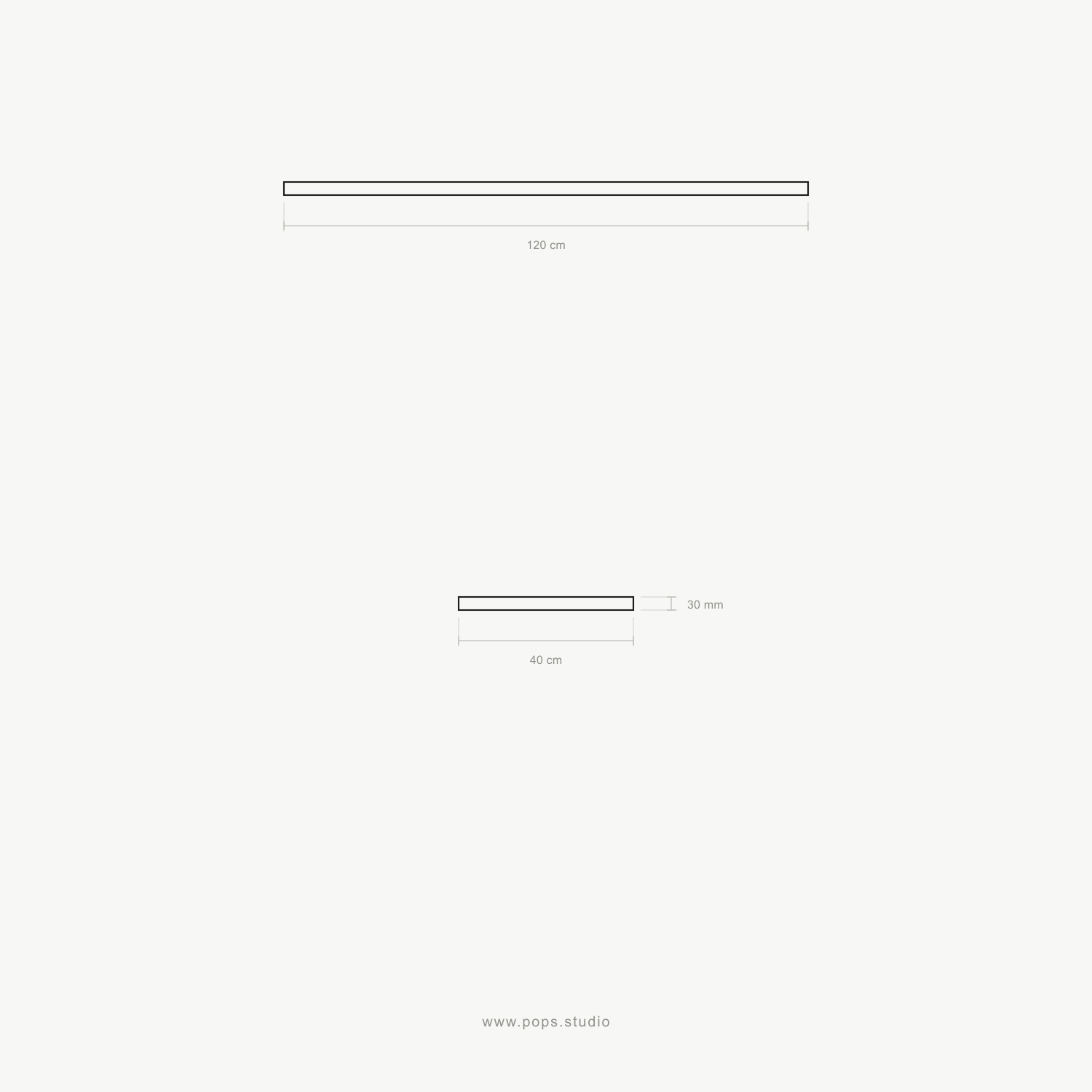 Minimal technical dimension drawing of a writing desk worktop, showing a 150 cm length and a smaller inset view labeled 40 cm by 30 mm, on a very light gray background.