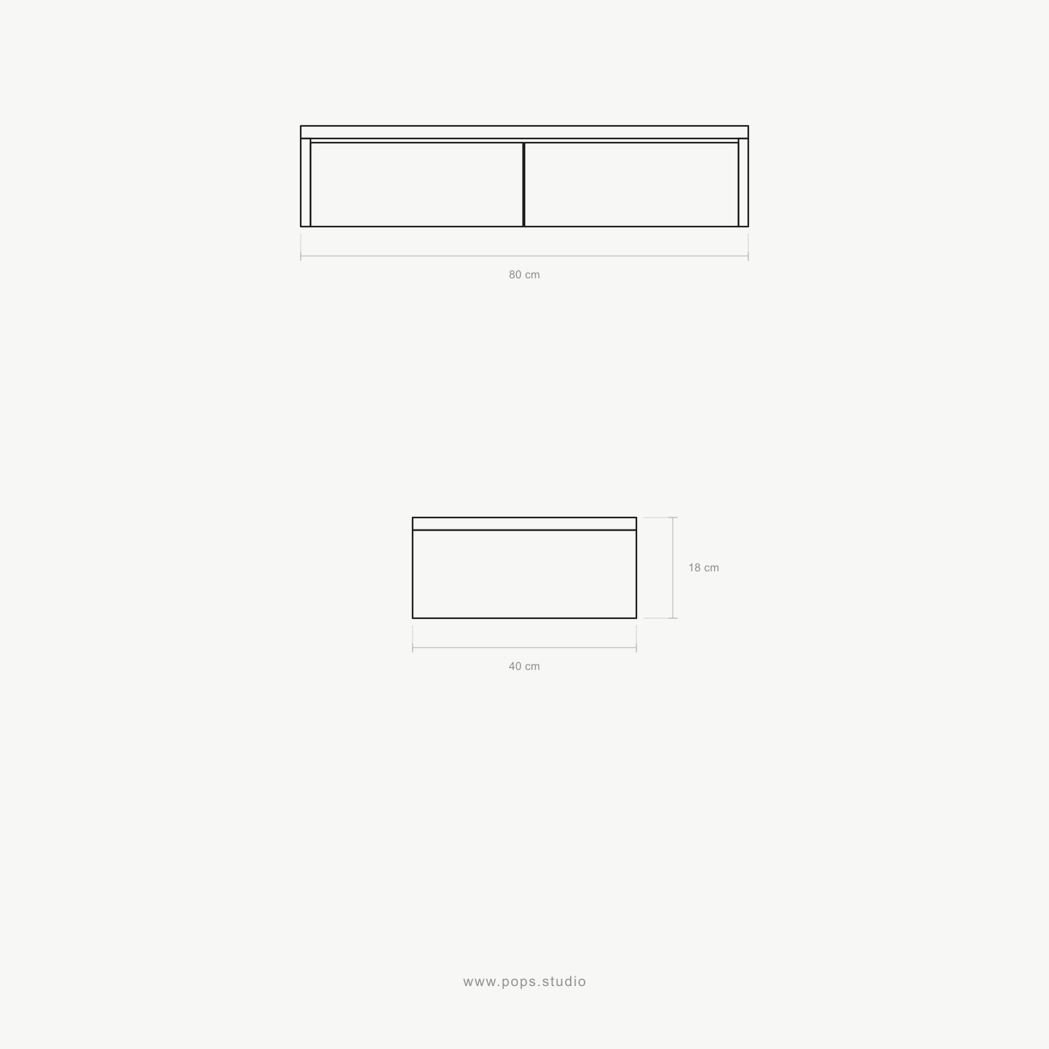 drawings of a floating desk made of a light oak wood, with two drawers