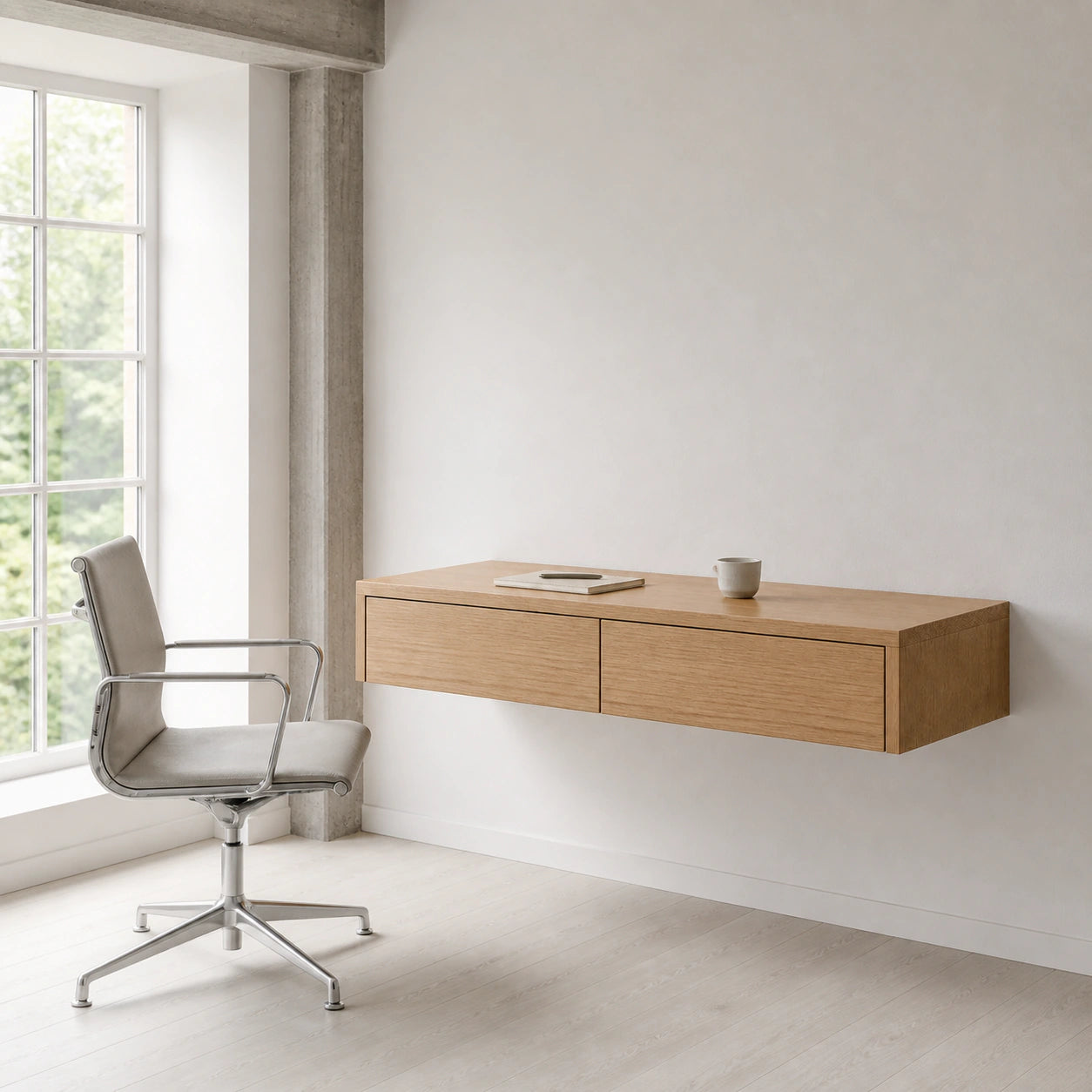 Solid Oak Floating Desk with Drawers — Scandinavian Wall-Mounted Design