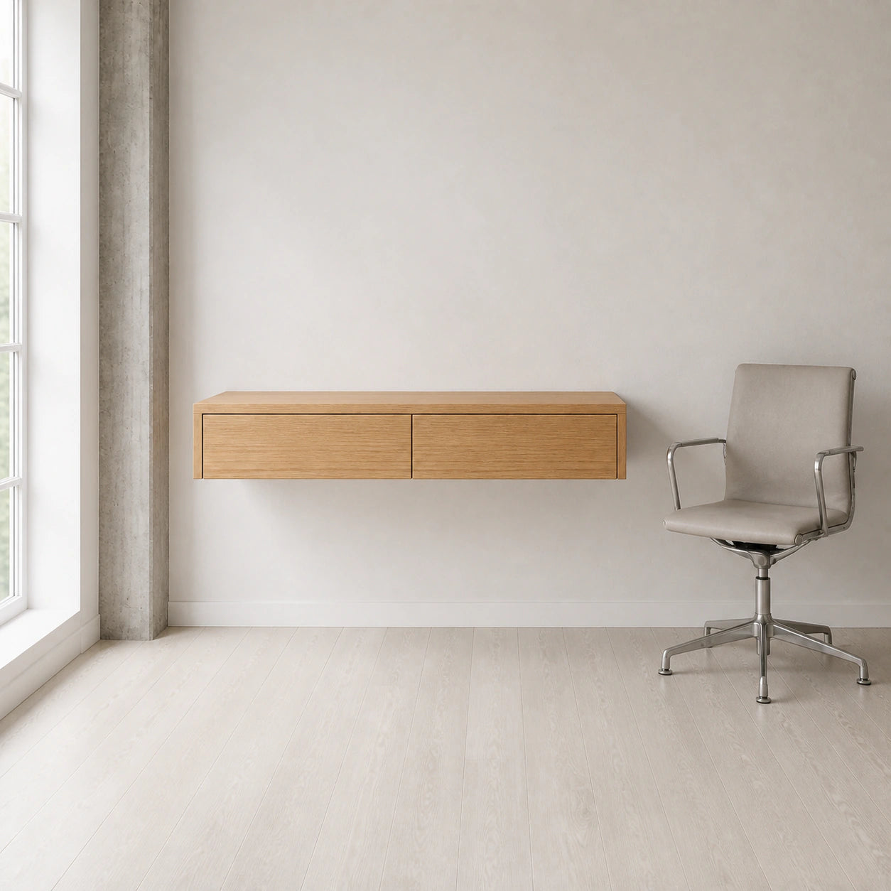 Solid Oak Floating Desk with Drawers — Scandinavian Wall-Mounted Design