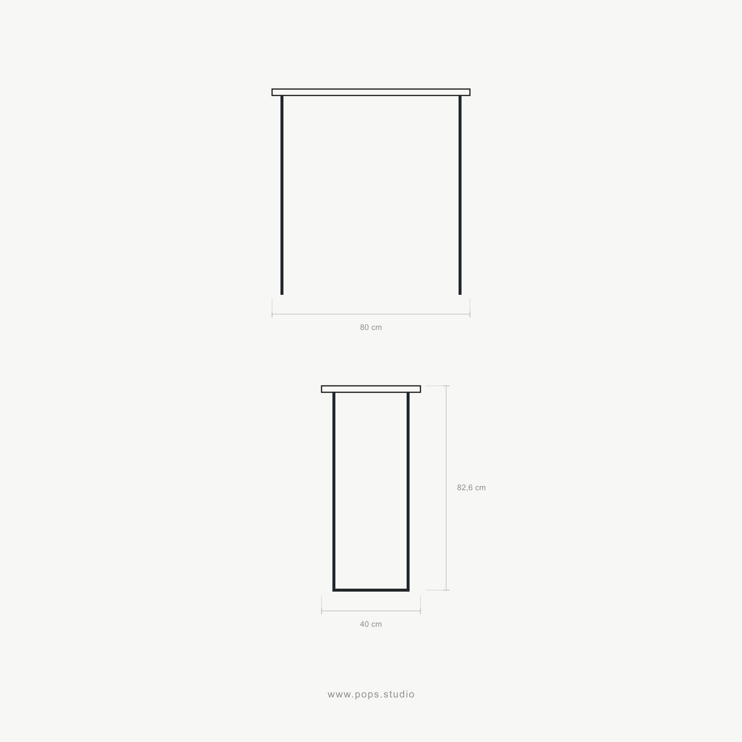 A minimalist black line drawing showing two views of a writing desk with dimension labels: 80 cm width on the top view and 82.5 cm height on the bottom view, on a light gray background.