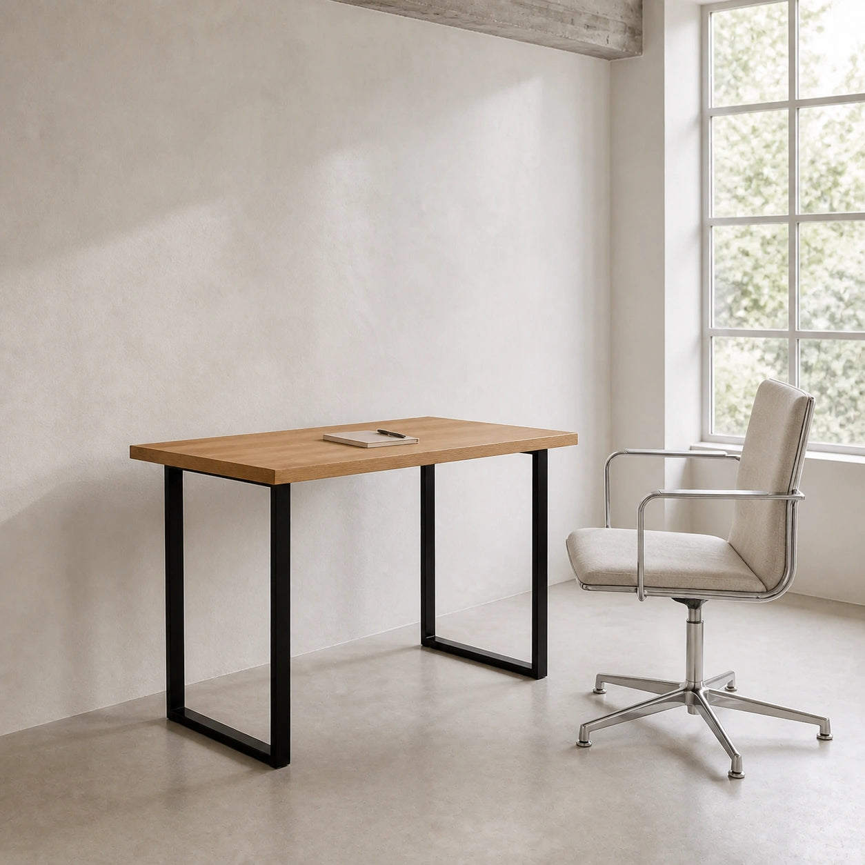 Solid Oak Desk with Steel Legs — Minimalist Home Office Table